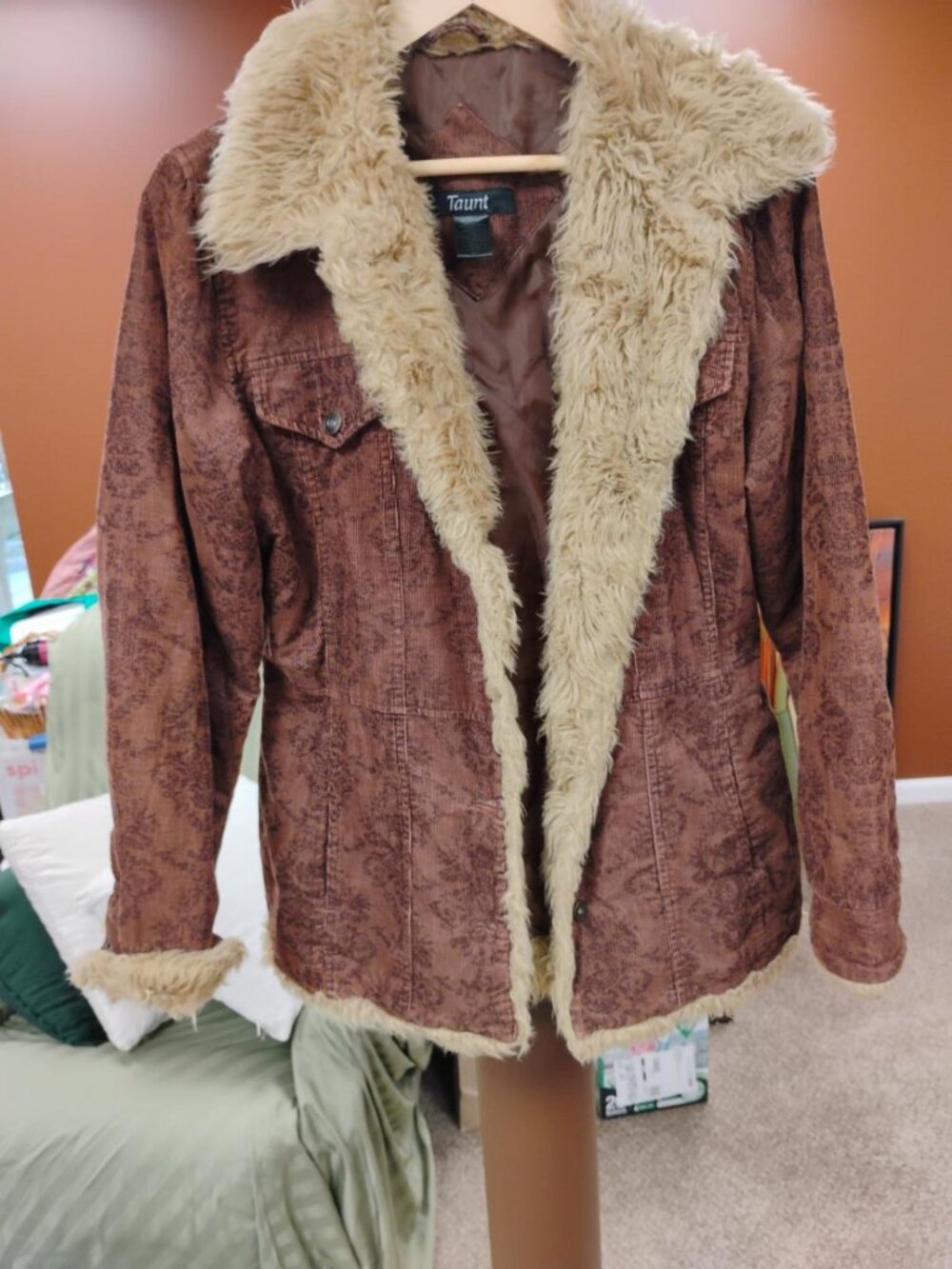 Taunt Y2K Brown Corduroy Faux Fur Trim Jacket Boho Women’s L
